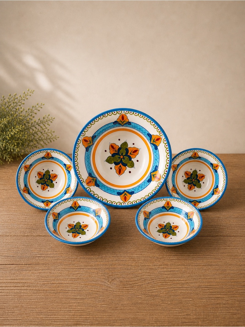 Acapulco Hand Painted Ceramic Bowl Set 5pc Talavera Style Serving Set